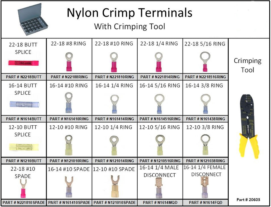 Nylon Crimp Terminal Assortment with Crimp Tool in 21 Hole Metal Locking Tray