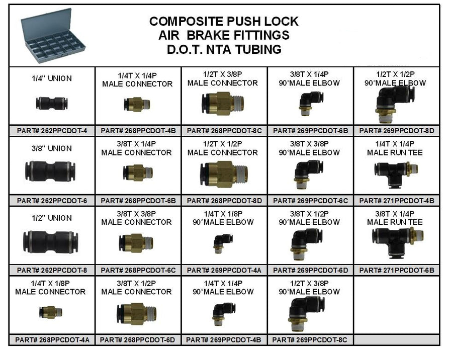 D.O.T. Composite Body Push-in Air Brake Fitting Assortment for Nylon Tubing 20 Hole Metal Tray NEW!