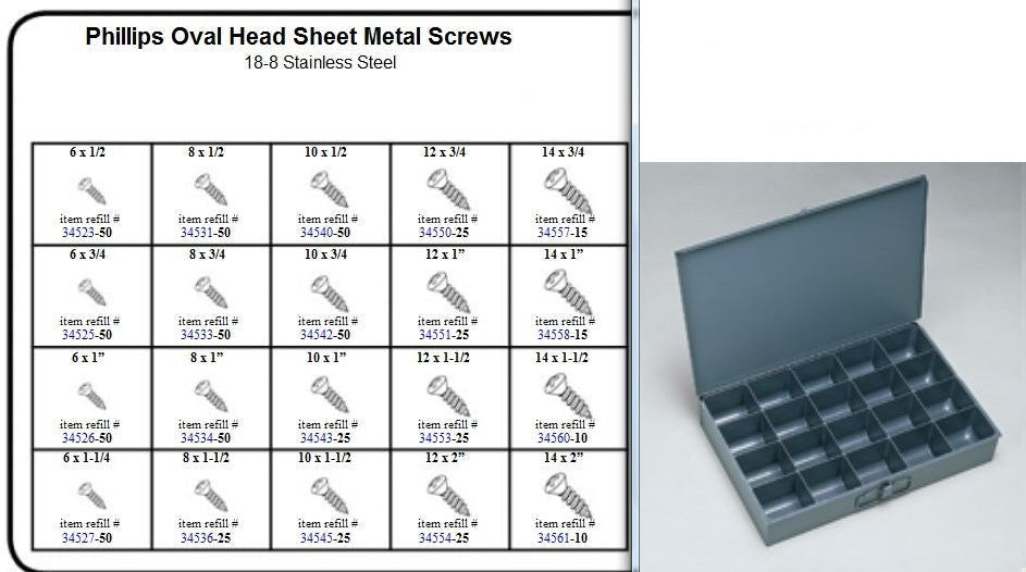 Stainless Oval Head Sheet Metal Screw Phillips Assortment in Locking Metal Tray Kit