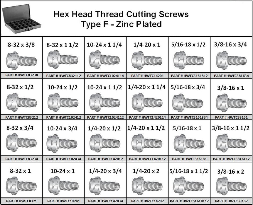 Hex Head Thread Cutting Screw Type F Assortment in Metal Tray NEW!