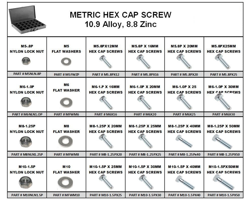 Metric Hex Cap Screw 10.9 Alloy, 8.8 Zinc Assortment in Metal Locking Tray