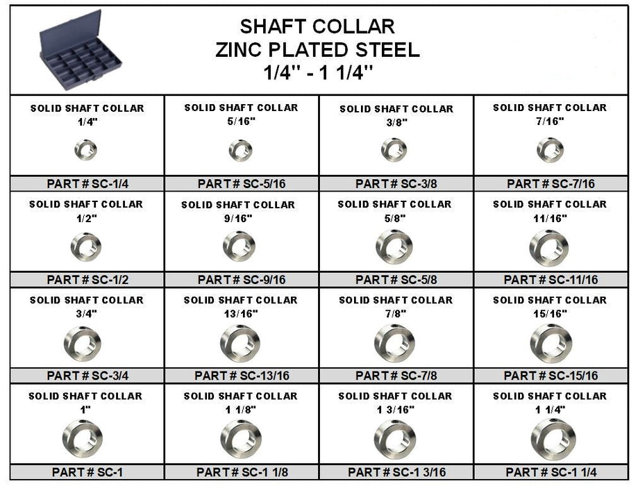 Solid Shaft Collar Assortment in Metal Locking Tray 1/4" - 1-1/4"