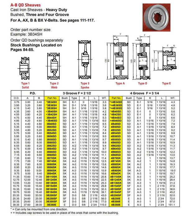 3B34SH Heavy Duty QD V-Belt Sheaves - Three Groove - Fits A-B Belts - Used with SH Series Bushing
