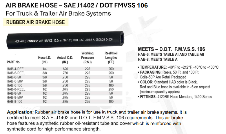 3/8" Rubber Air Brake SAE J1402 Hose D.O.T - 50FT