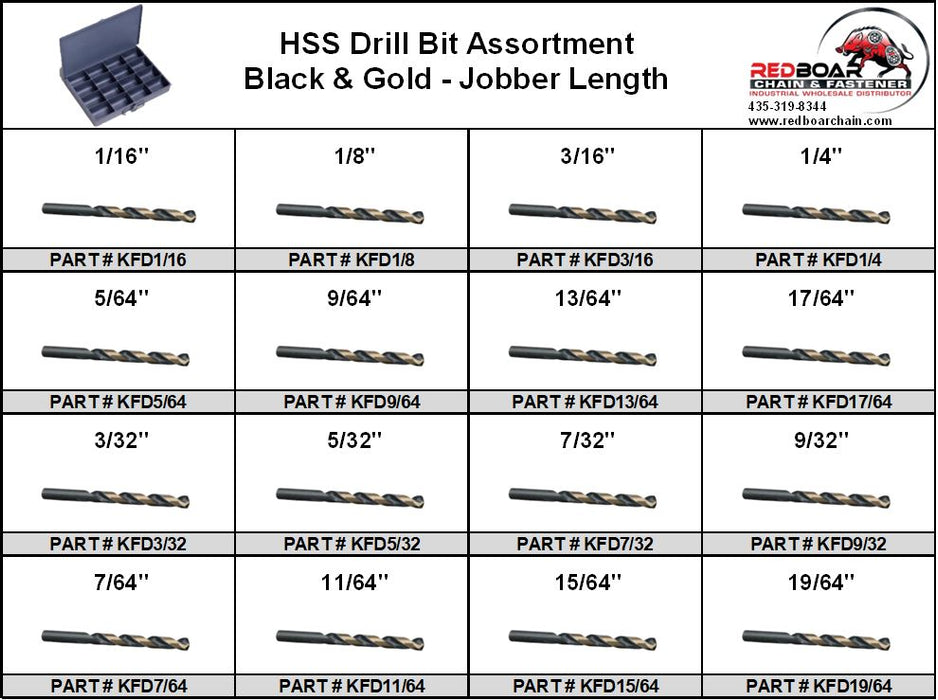 HSS Drill Bit Assortment - Black & Gold - Jobber Length - Large Metal Locking Tray
