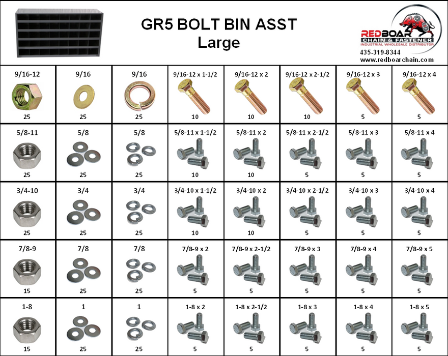 Grade 5 Large Hex Bolt Cap Screws 9/16" - 1" 40 Hole Bolt Bin Assortment