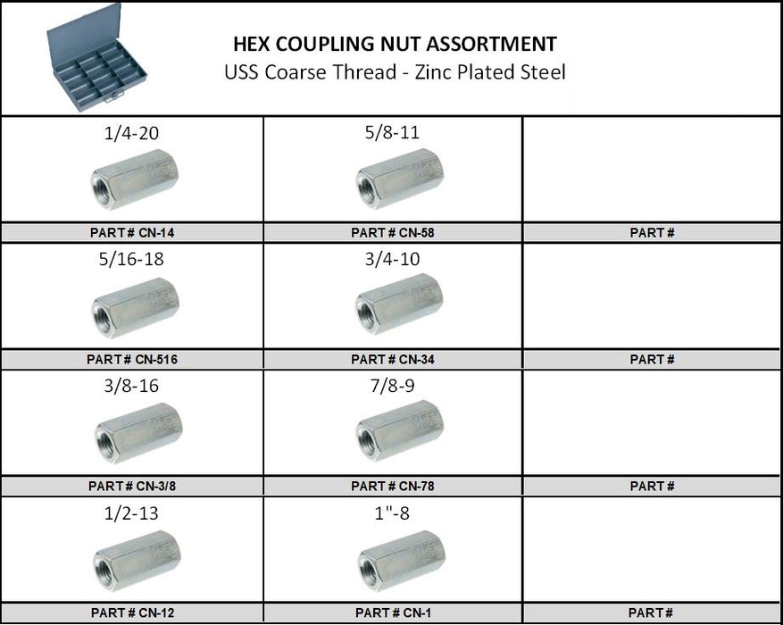 Hex Coupling Nut Assortment in Large Metal Locking Tray