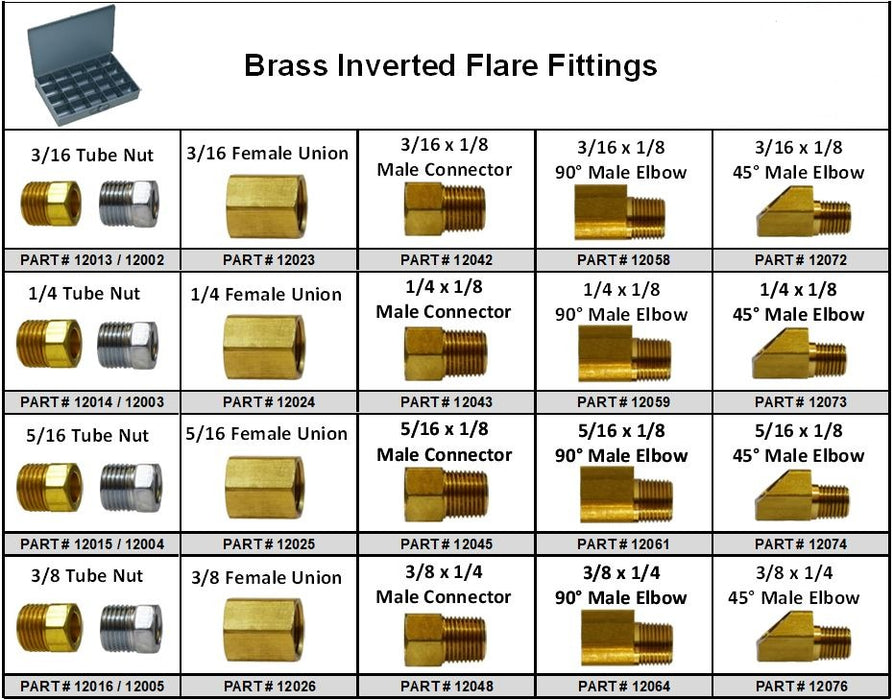 Brass Inverted Flare Fittings Large 20 Hole Metal Locking Tray 96PC — Red Boar Chain & Fastener Questions Call 435-319-8344