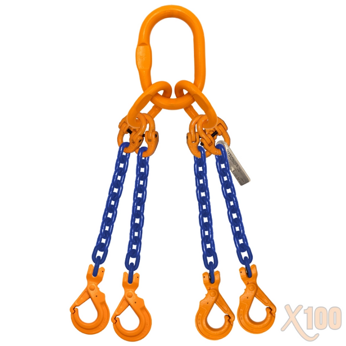3/8" Grade 100 QOSL Chain Sling - Quad Leg W/ Self-Locking Safety Hooks