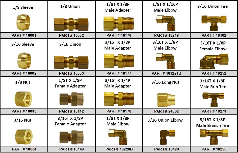 1/8" - 3/16" Brass Compression Fitting Assortment - Large Fully Labeled Metal Locking Tray