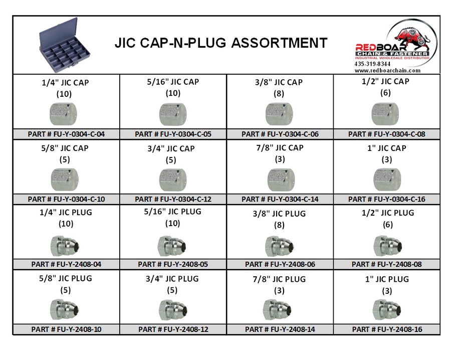 JIC CAP-N-PLUG Steel Fitting Assortment in Large Metal Locking Tray - 16 Hole Tray