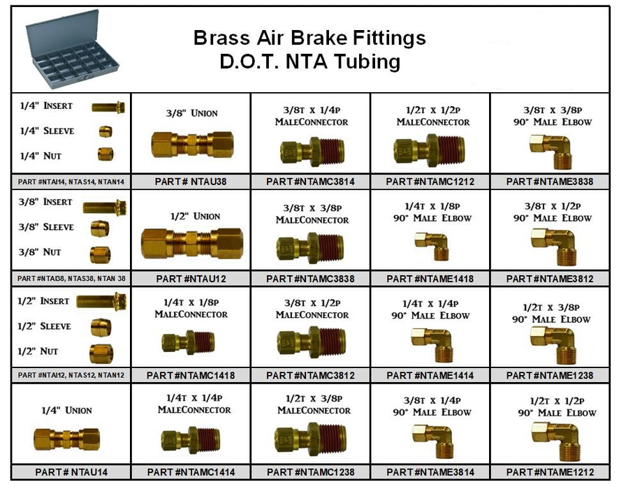 D.O.T. Brass Air Brake Fitting Assortment for Nylon Tubing in Locking Metal Tray