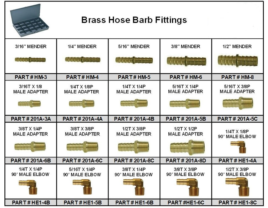 Brass Hose Barb Pipe Fitting Assortment in 20 Hole Metal Durham Tray