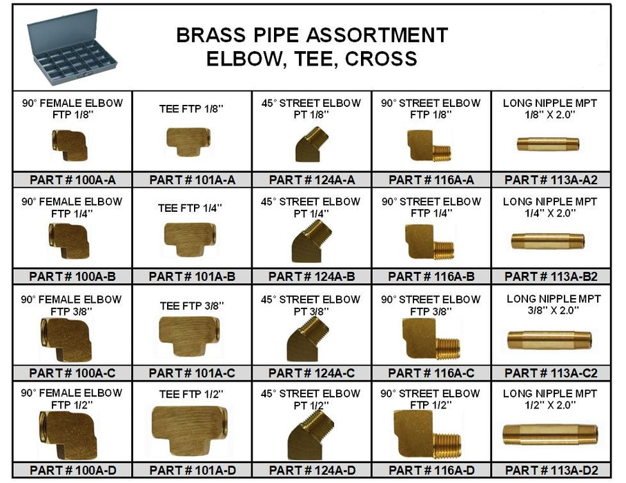 Brass Pipe Elbow, Tee Fitting Assortment in Metal Locking Tray