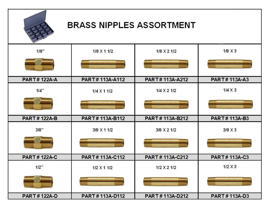 Brass Pipe Nipples Assortment - Large Metal Locking Tray