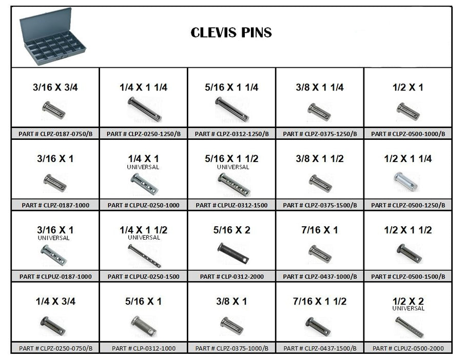 Clevis Pin Zinc Plated Assortment in Metal Locking Drawer, Tray