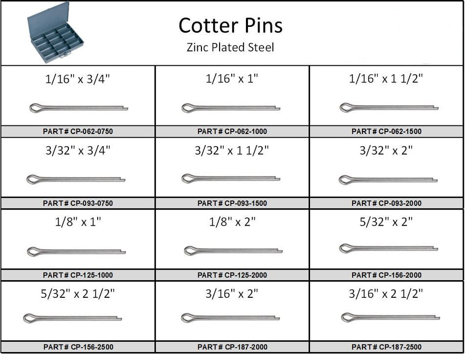 Cotter Pin 12 Hole Assortment Zinc Plated In Locking Metal Tray
