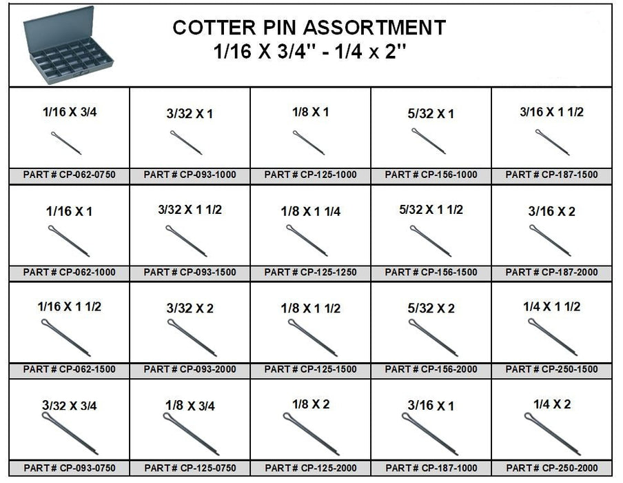 Cotter Pin Assortment 1045 PCS Zinc Plated in Locking Metal Drawer