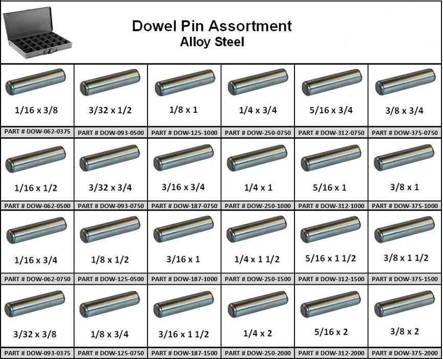 Dowel Pin Alloy Steel Assortment In 24 Hole Metal Locking Tray