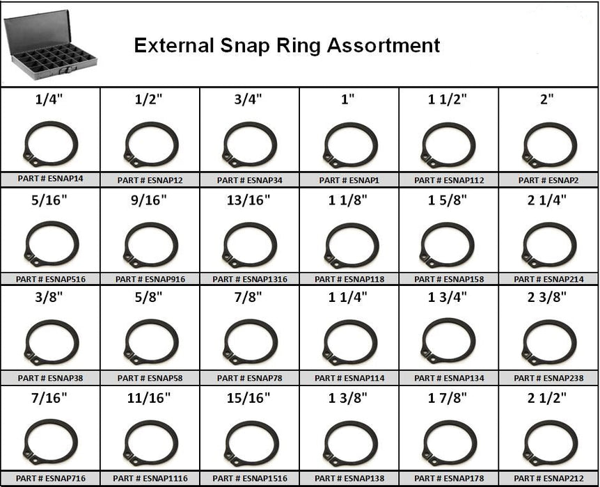 External Snap Rings Assortment in 24 Hole Metal Locking Tray