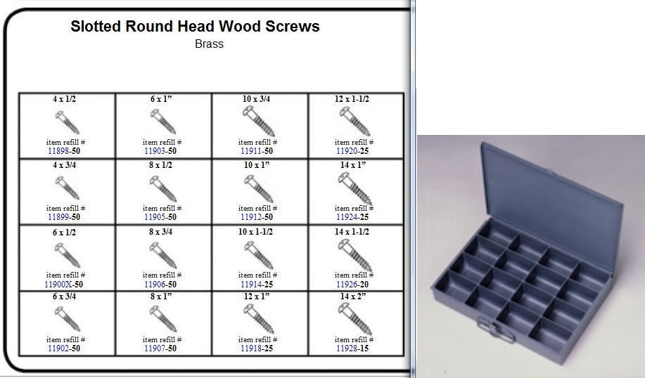 Brass Round Head Wood Screw Assortment in Metal Tray RD Slot W/S Brass