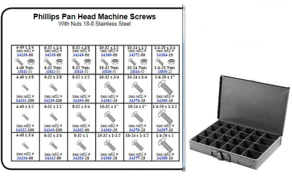 Stainless Pan Head Phillips Machine Screw Assortment in Locking Metal Tray Kit