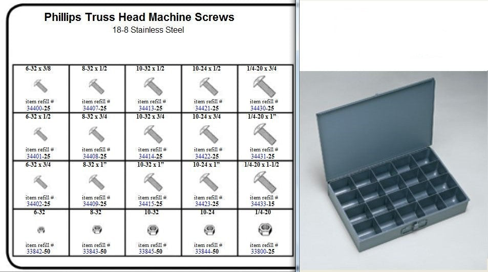 Stainless Truss Head Phillips Machine Screw Assortment in Locking Metal Tray Kit