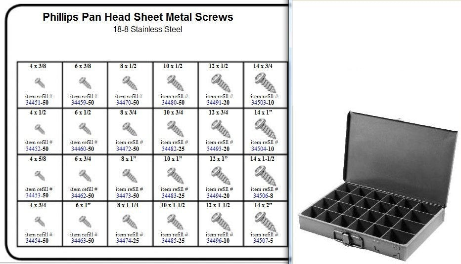 Stainless Pan Head Phillips Sheet Metal Screw Assortment in Metal Tray