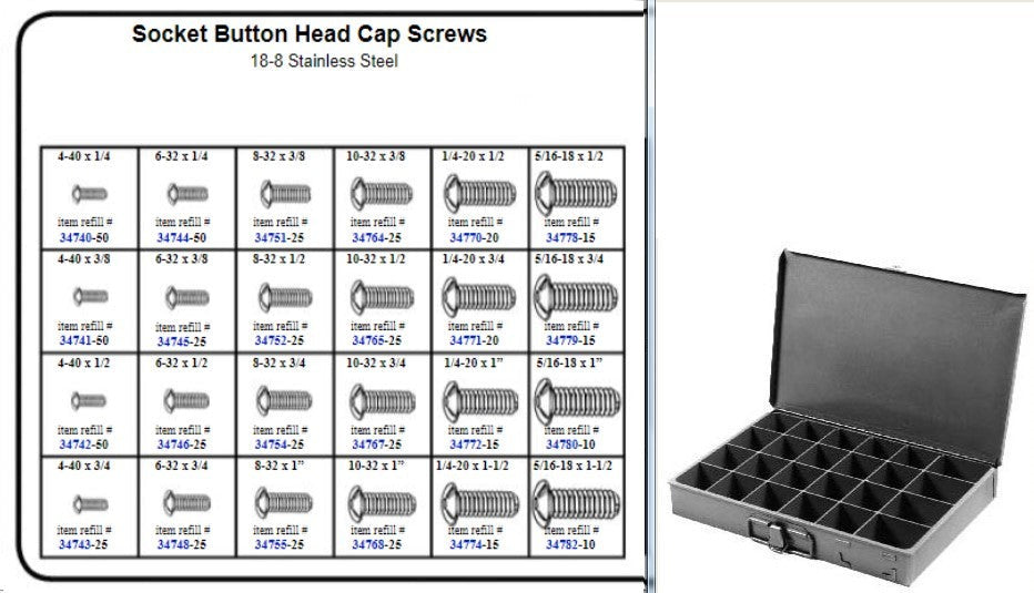 Stainless Button Head Socket Cap Screw Assortment in Metal Locking Tray Kit