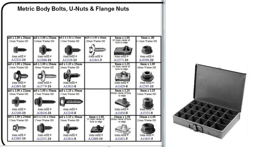 Metric Body Bolt U Nut, Flange Nut Assortment Metal Tray Kit