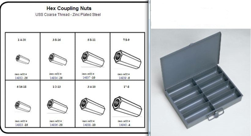 Hex Coupling Nut Assortment in Metal Locking Tray