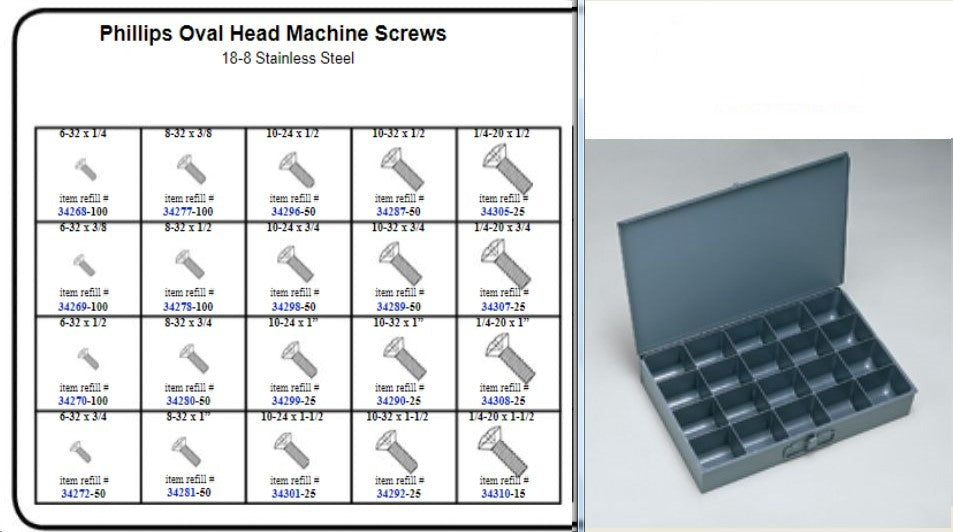 Stainless Oval Head Machine Screw Assortment in Locking Metal Tray Phillips Kit