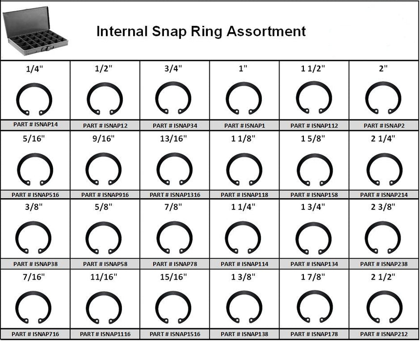 Internal Snap Ring Assortment in 24 Hole Metal Locking Tray