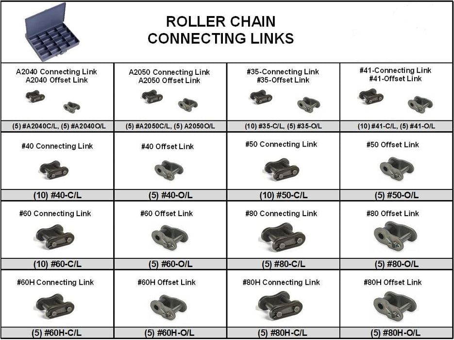 Roller Chain Connecting Link Assortment in Large Metal Locking Tray