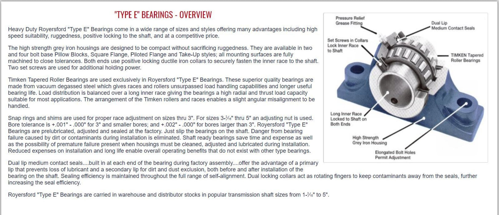 20-02-0110, Royersford TYPE E Pillow Block Bearing, 1-5/8 with Timken Tapered Roller Bearings
