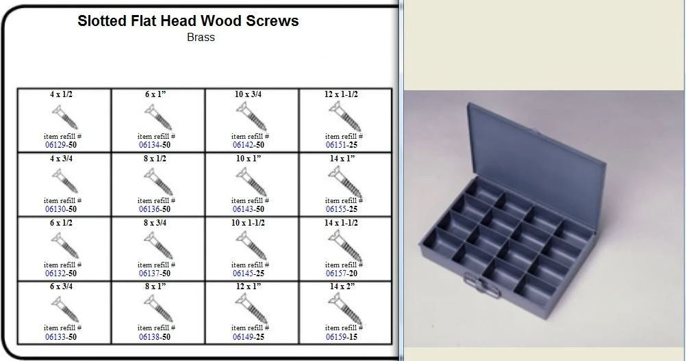 Brass Flat Head Wood Screw Assortment in Metal Tray FH Slot W/S Brass Kit